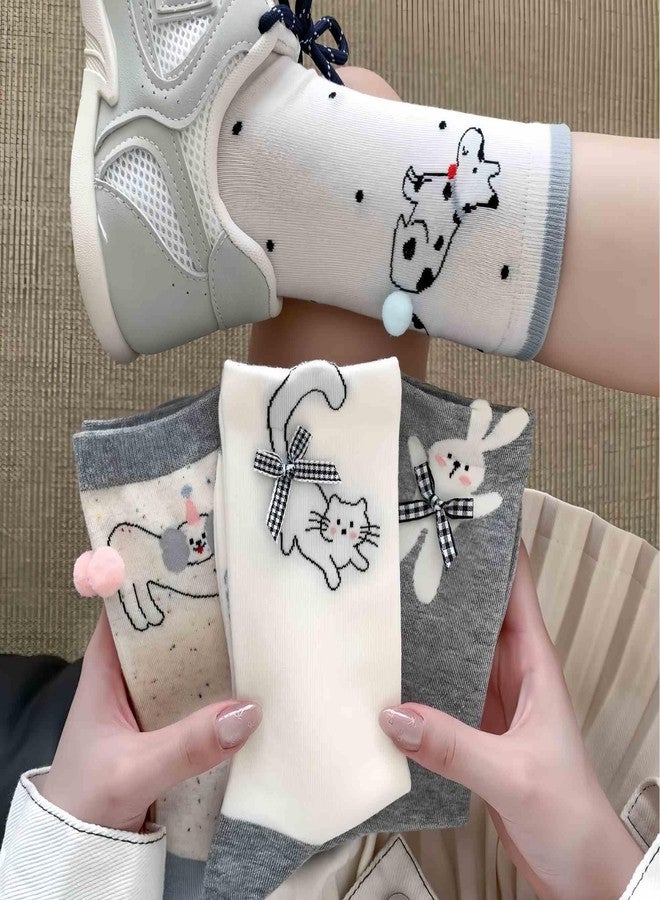 Winatehr Cute Animal Socks, Novelty Fun Crew Socks for Women Teen Girl, Kawaii Bow Sock with Cat Dog Bunny Size 5-9, Funny Unique Bulk Stuff Gifts for Women (4 Pair) - Image 2